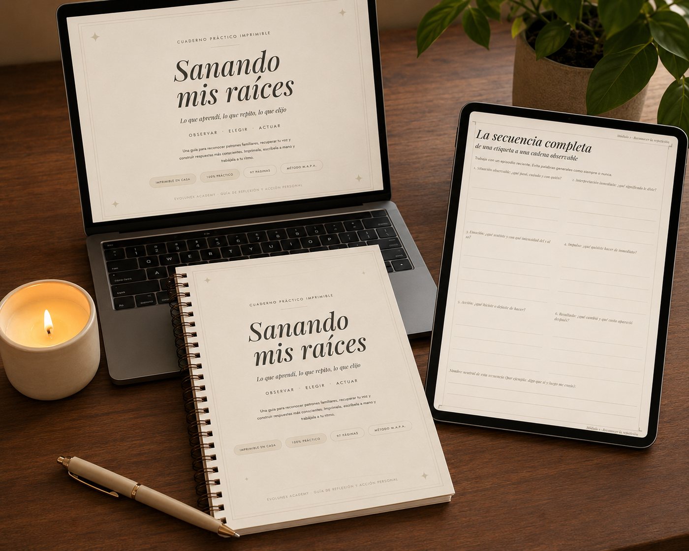 Cuaderno Sanando mis raíces impreso y anillado sobre un escritorio, junto a una laptop y una tablet mostrando el mismo cuaderno en digital