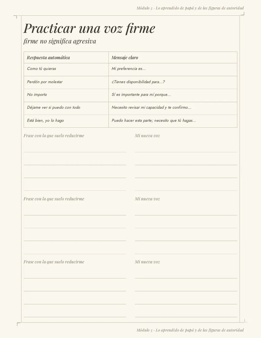 Página del cuaderno Sanando mis raíces: Practicar una voz firme